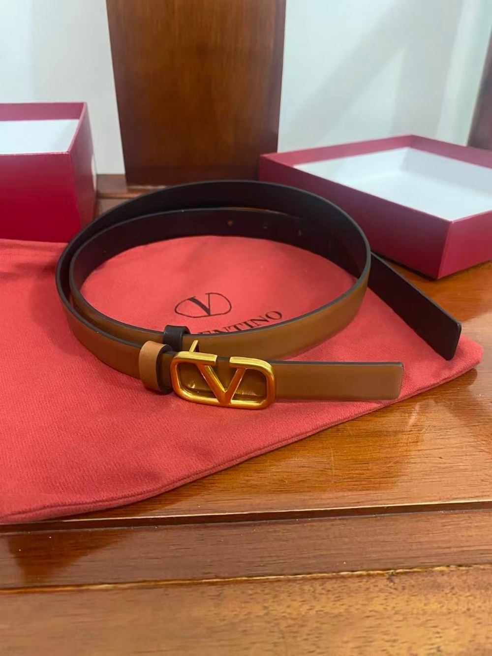 Valentino Reversible VLogo Belt Brown Black Gold Buckle 85cm